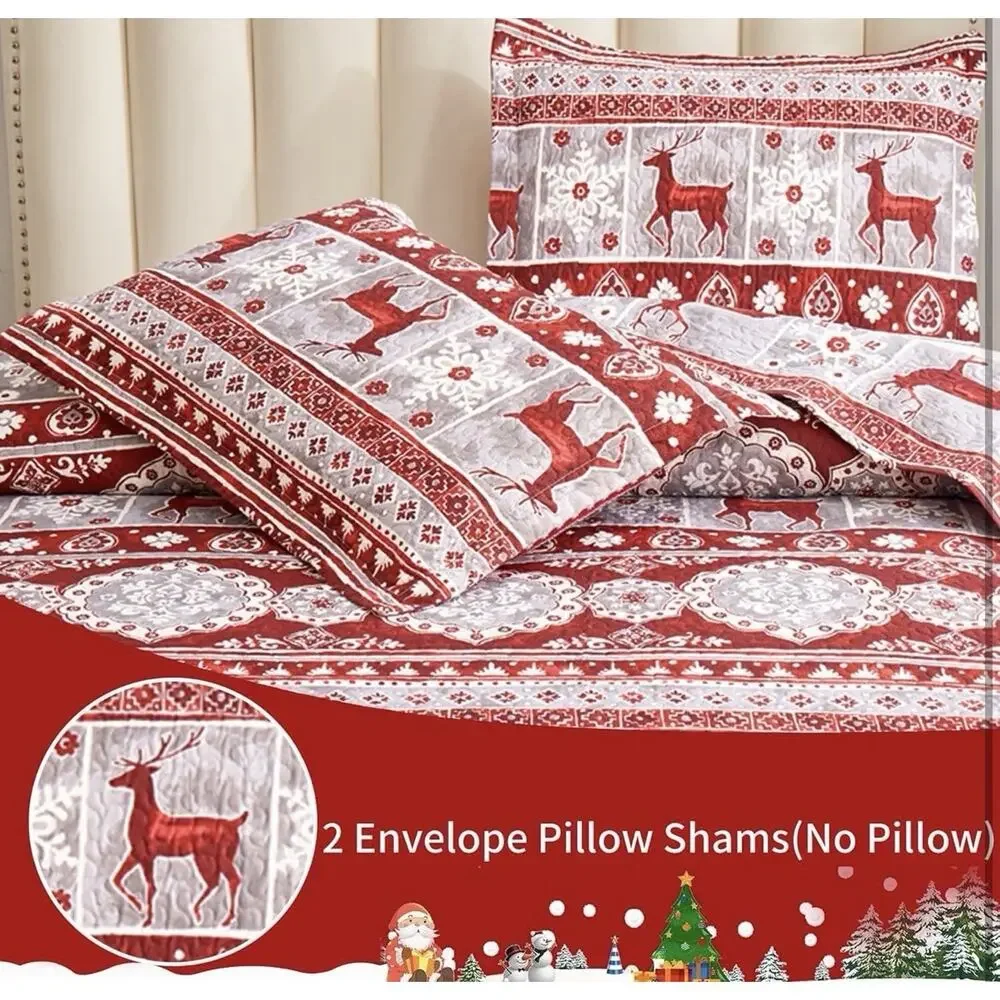 3 Pcs Red Gray Christmas Reindeer Bedding Quilt Set King